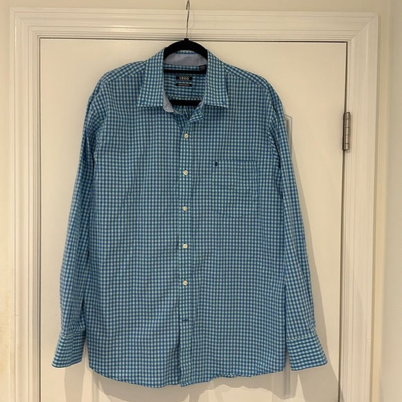 IZOD Mens Blue Gingham Button Down Long Sleeve Shirt L - Picture 1 of 5